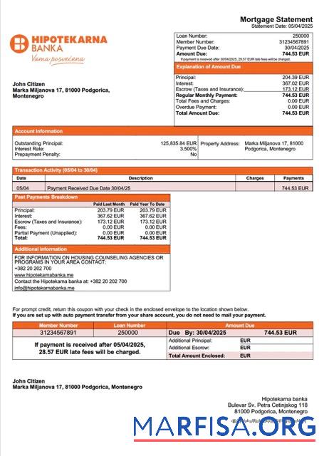 Downloadable Montenegro Hipotekarna banka mortgage statement Word and PDF template
